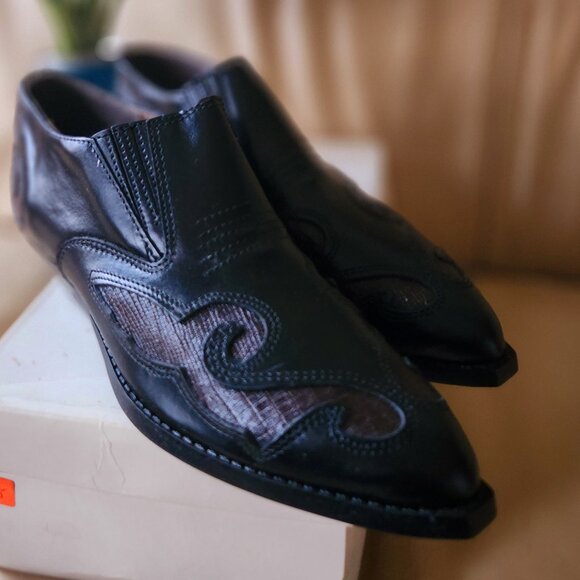 S57 Snazzy Texas style black loafer Snakeskin like brown detail elastic slip on - Picture 3 of 6